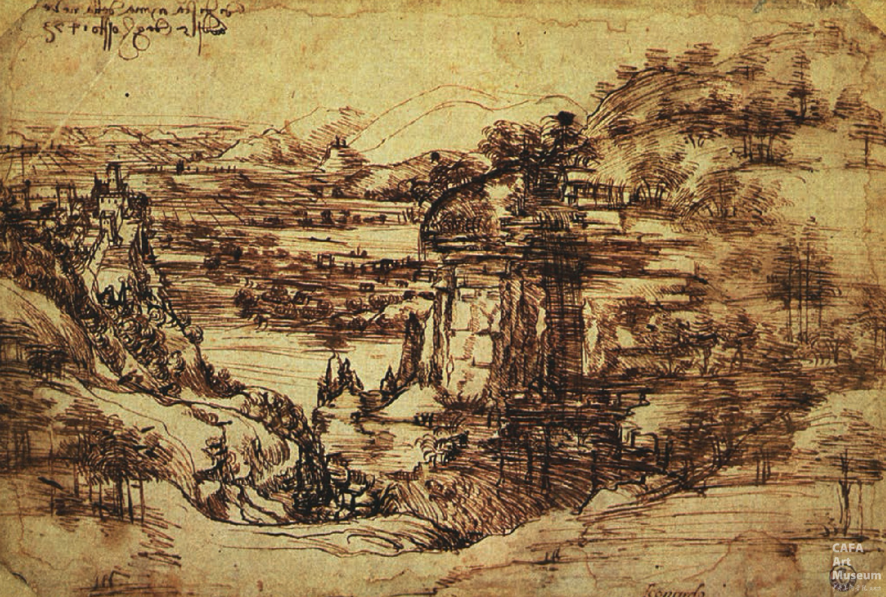 达芬奇,献给冰雪圣母教堂风景画的图纸,1473年,纸上钢笔画,19.6×28.